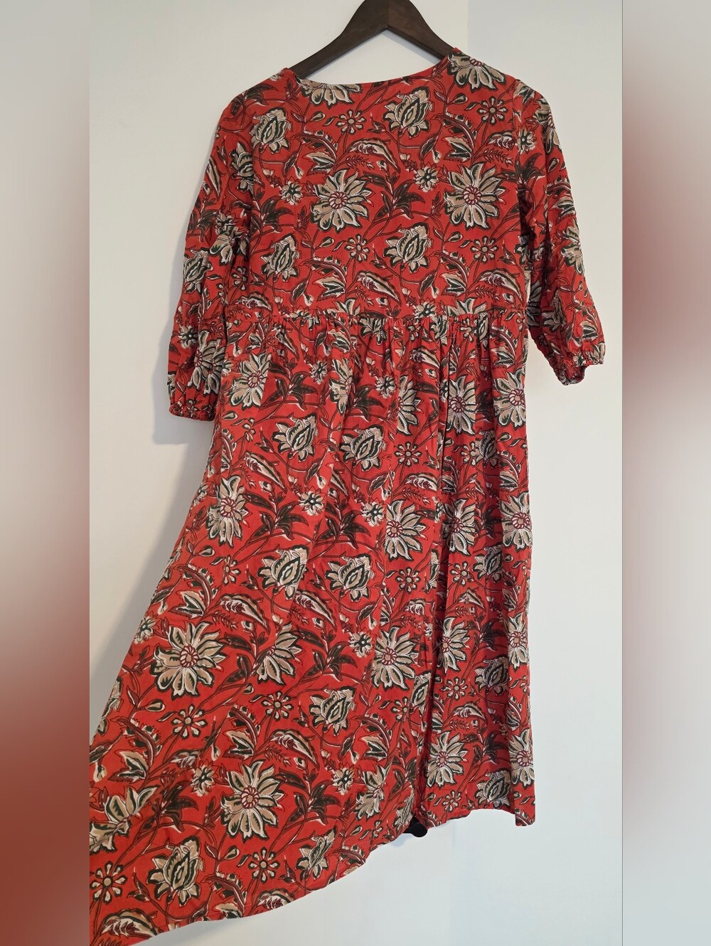 Floral Red Midi Dress with Puff Sleeves